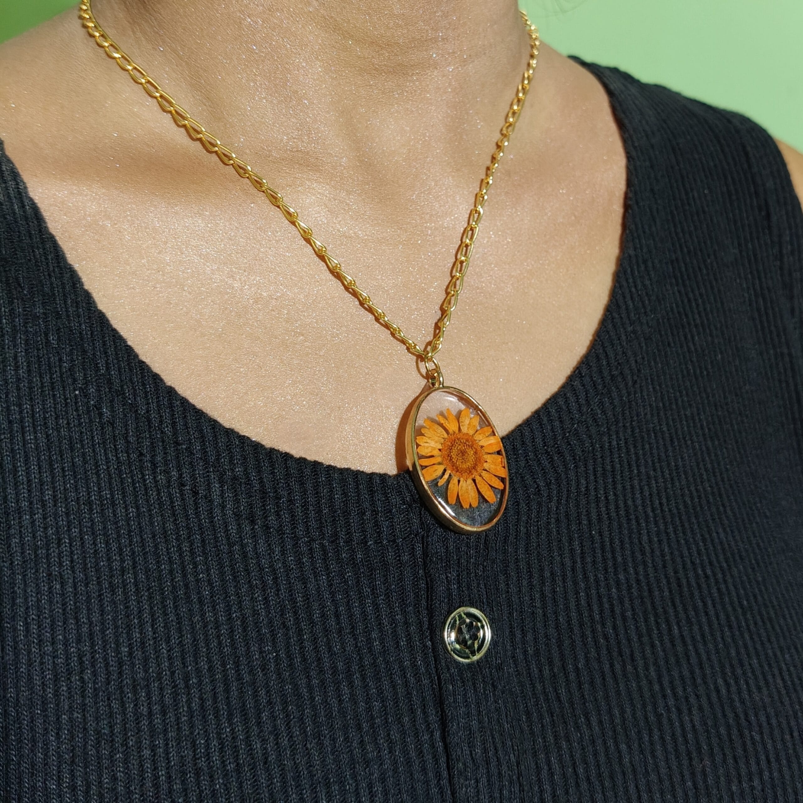 Amber Petal Pendant necklace worn on neck