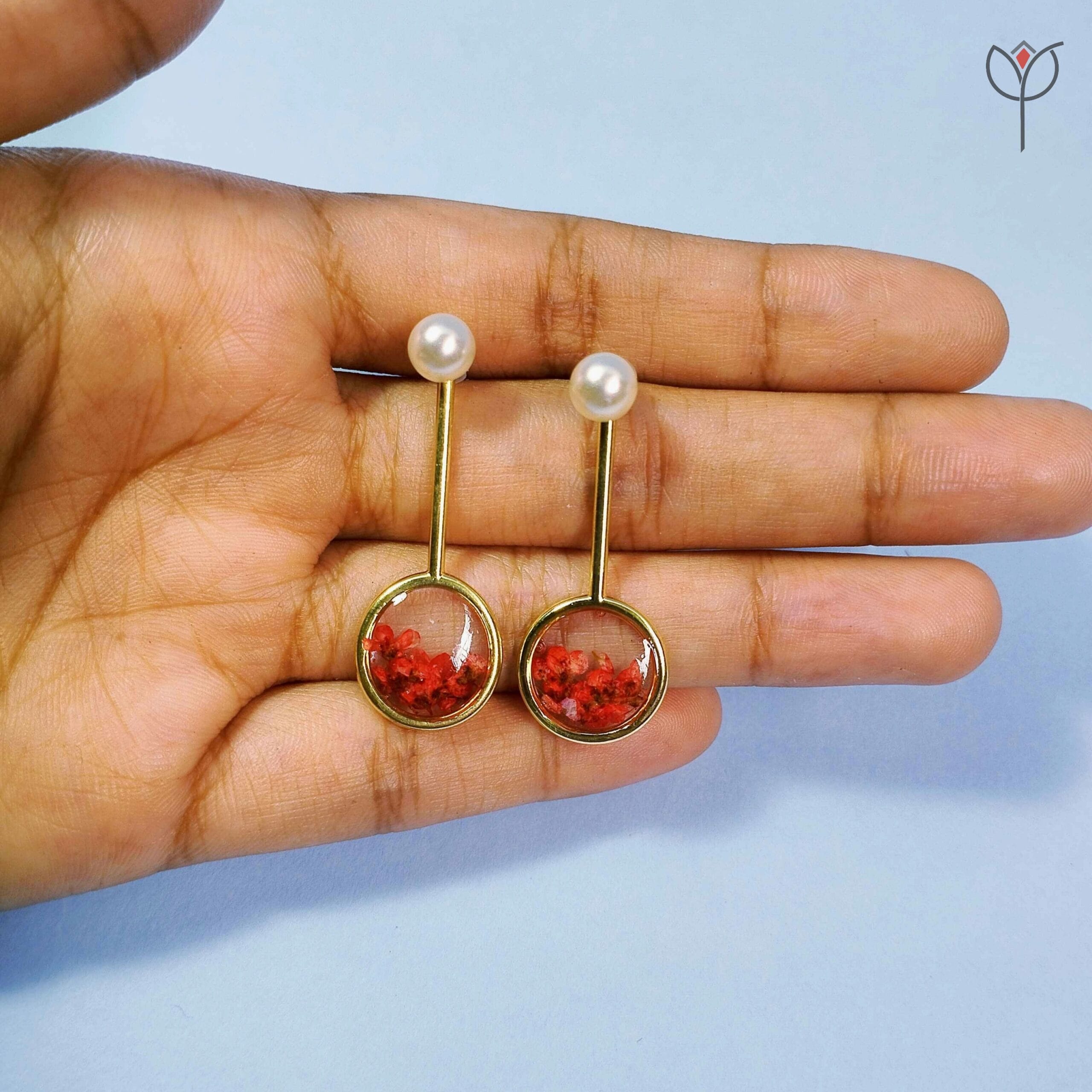 Blush Ember Earrings with gold round frame