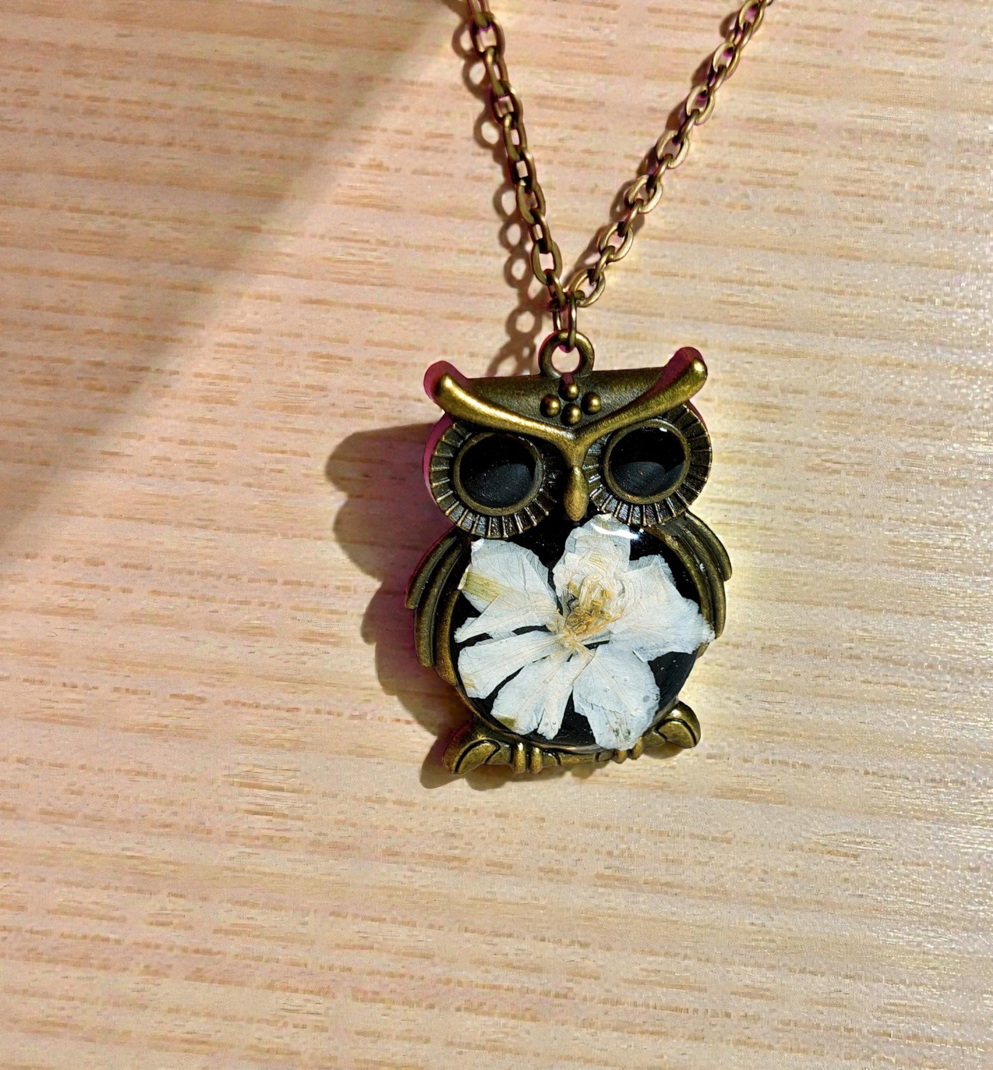 Wearing BotaniOwl pendant – owl design floral necklace