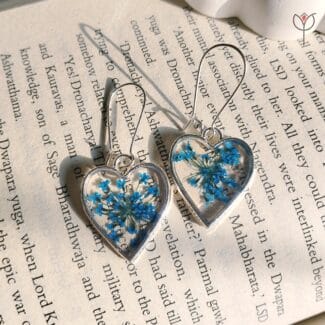 Silver heart Lace of Love Earrings with blue blooms