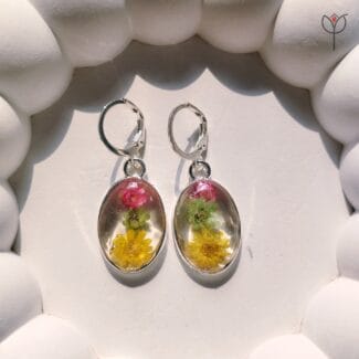 Medley Bloom Earrings preserved globe amaranth flowers
