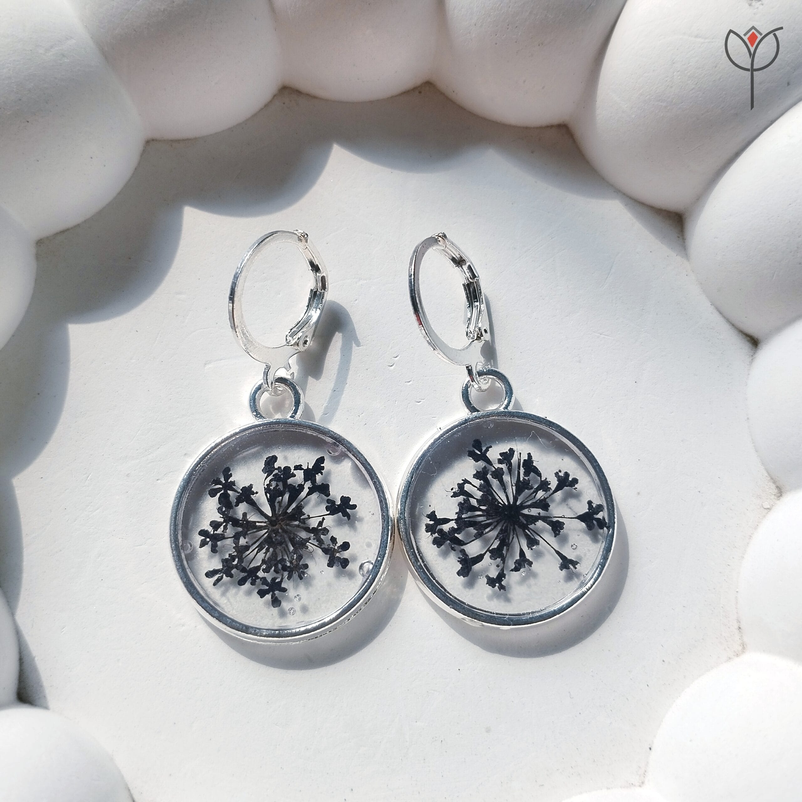 Winter Lace Earrings flat lay, minimalist floral resin earrings