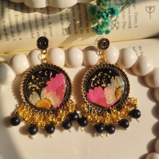 Black and gold Daisy Confetti Jhumka with colorful daisy