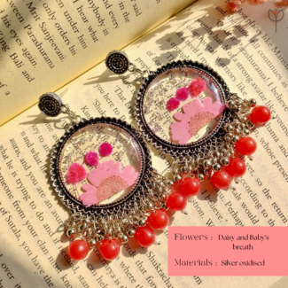 Silver oxidised Flower Fiesta resin jhumka details