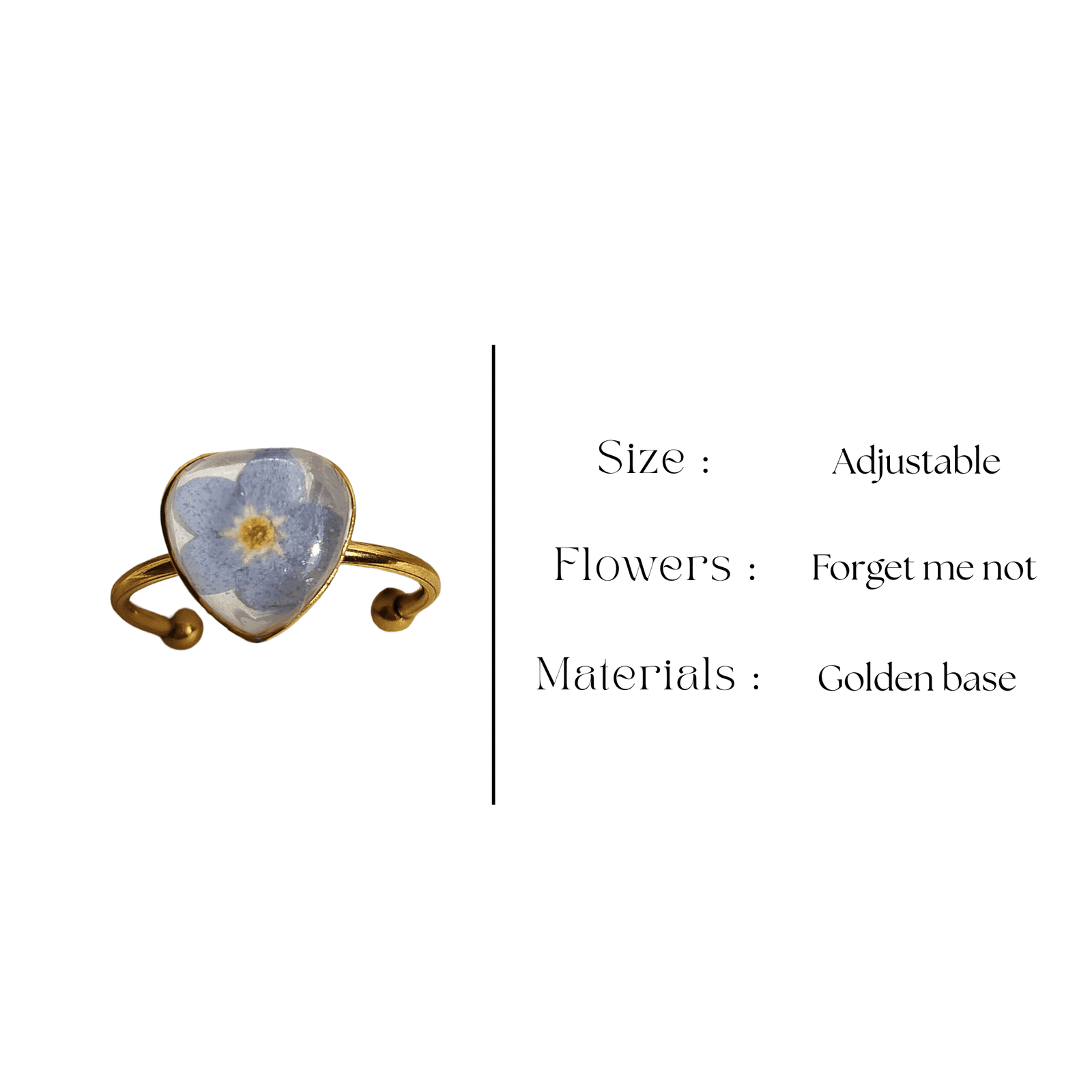 Delicate golden ring with real forget me not flower