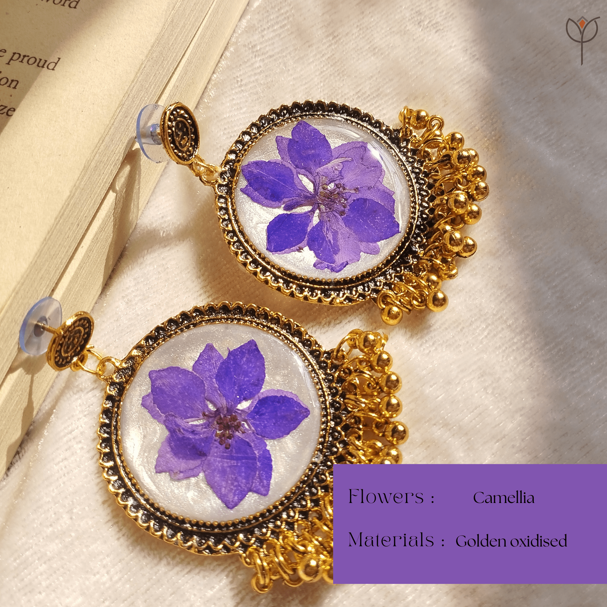 Elegant Lilac Veil resin jhumka with real pressed camellia