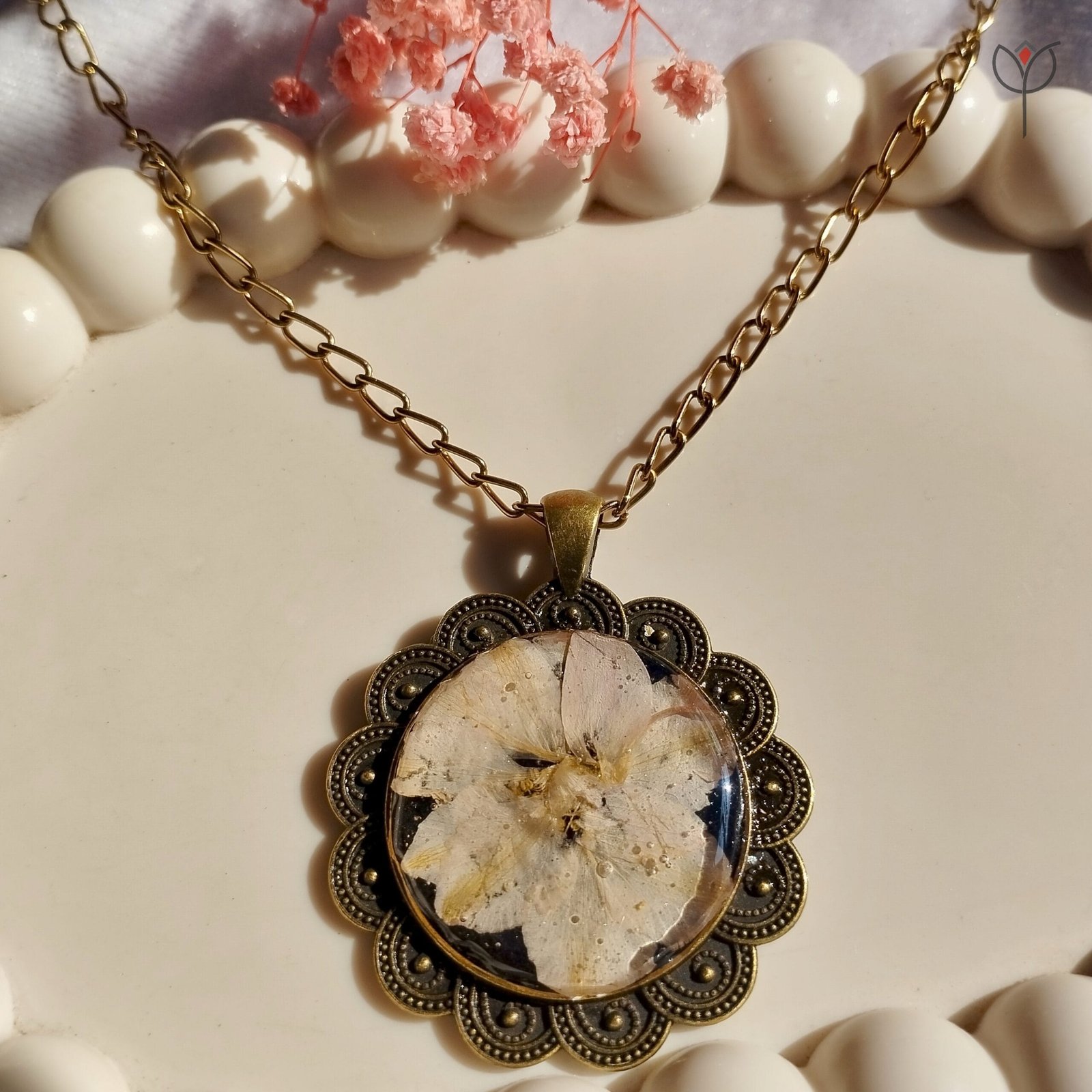 Moonveil Camellia floral pendant front look