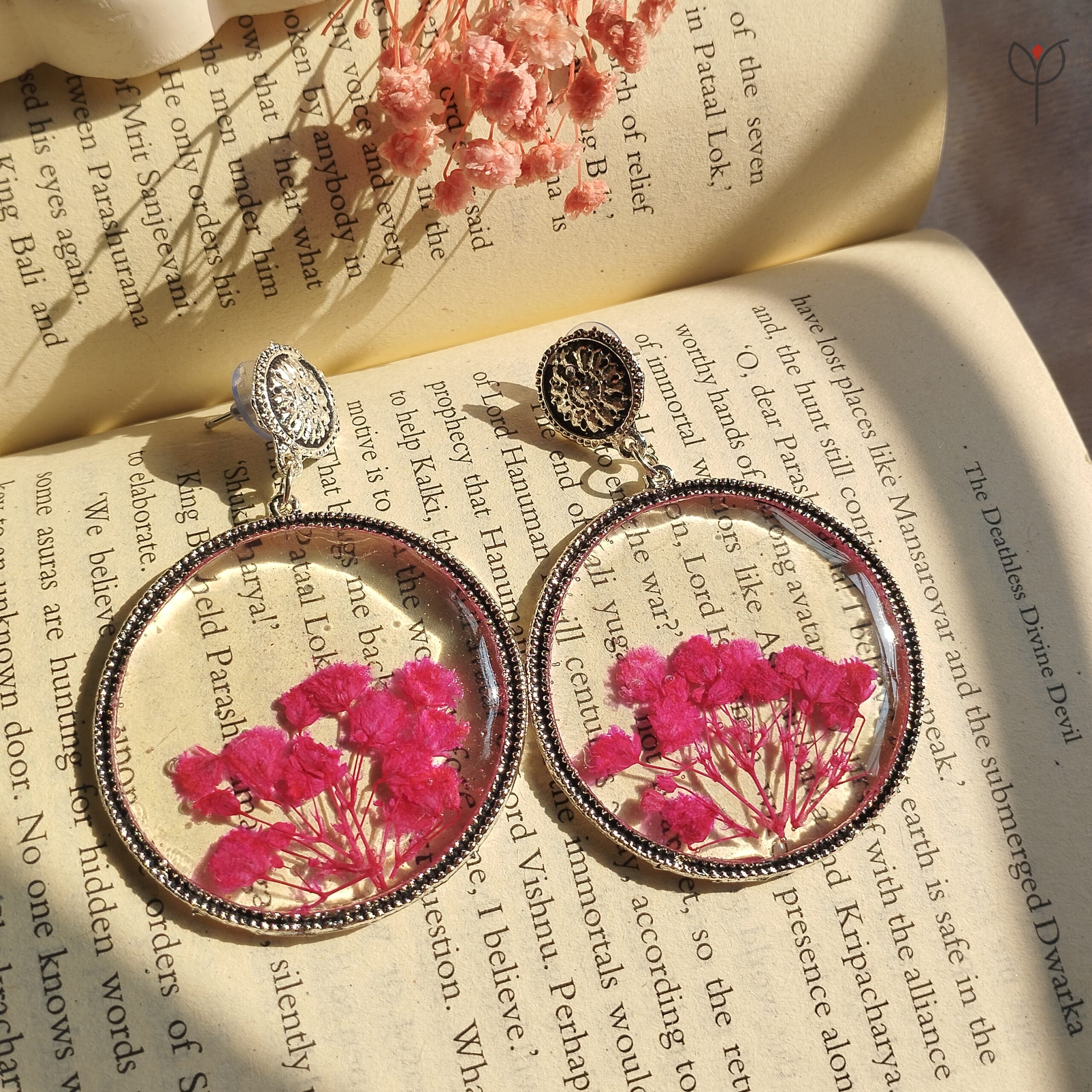 Floral resin jhumka earrings with pink baby’s breath