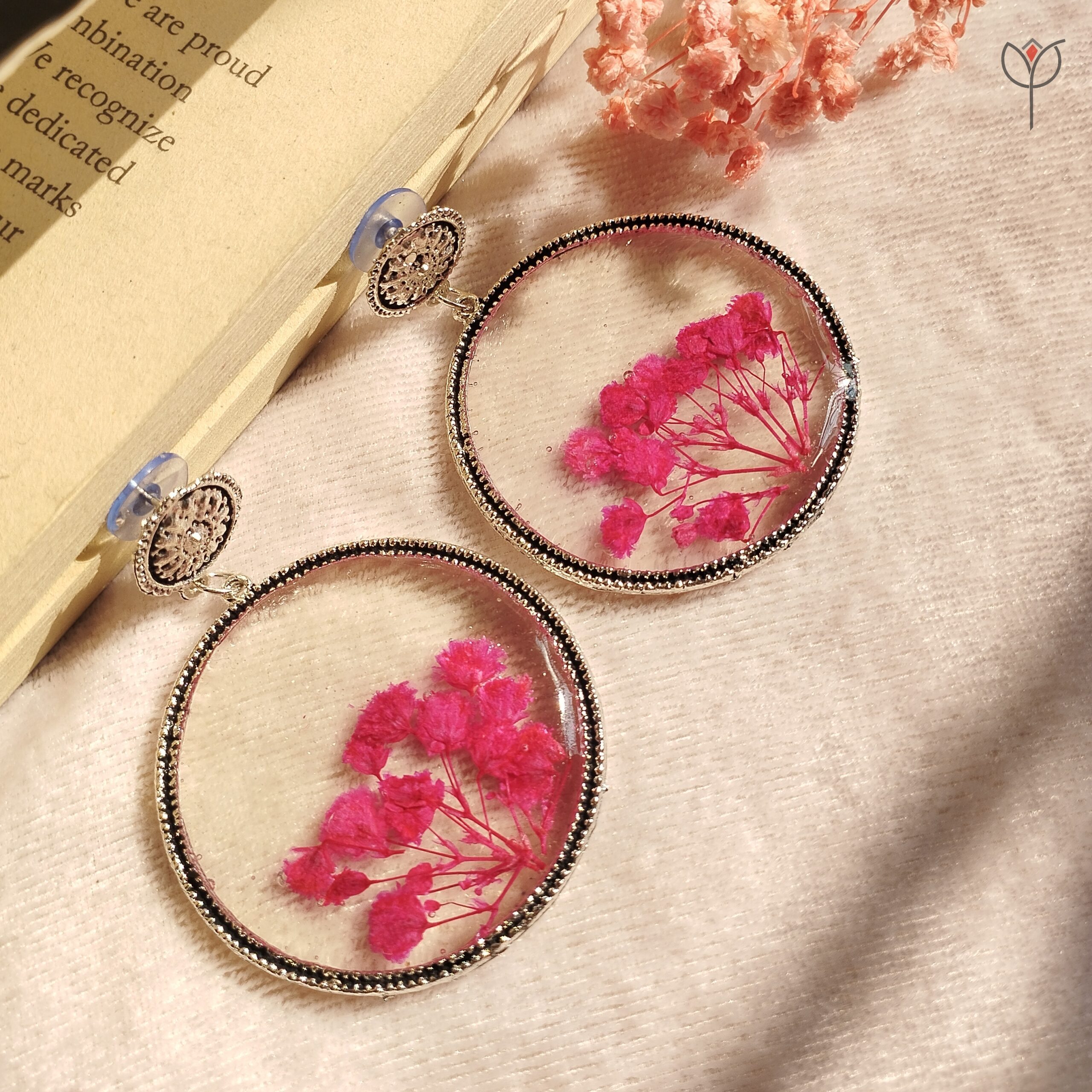Handmade silver oxidised jhumka with soft pink baby’s breath flowers