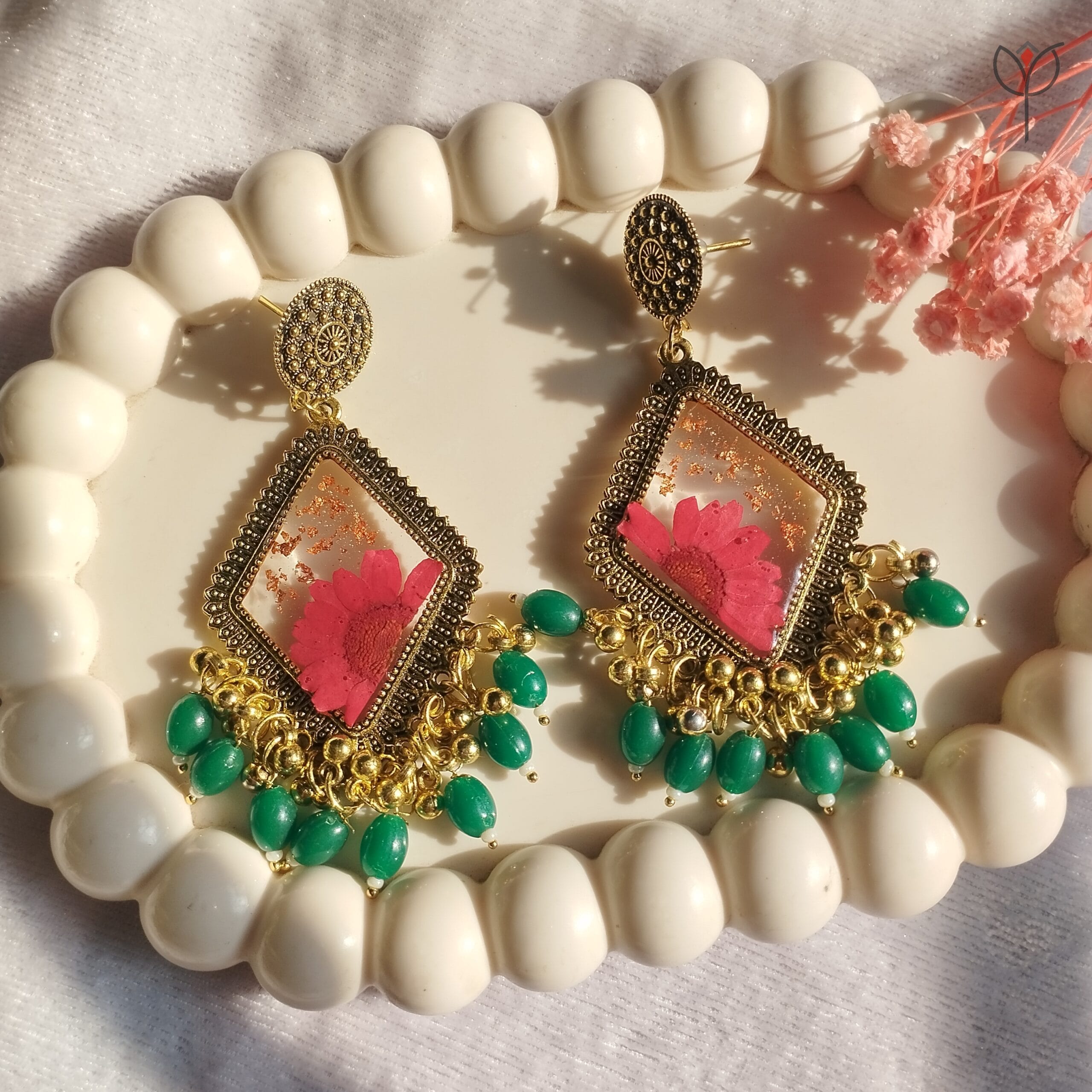 rosy-blush-resin-jhumka-daisy-earrings Handmade Rosy Blush Resin Jhumka featuring real floral art