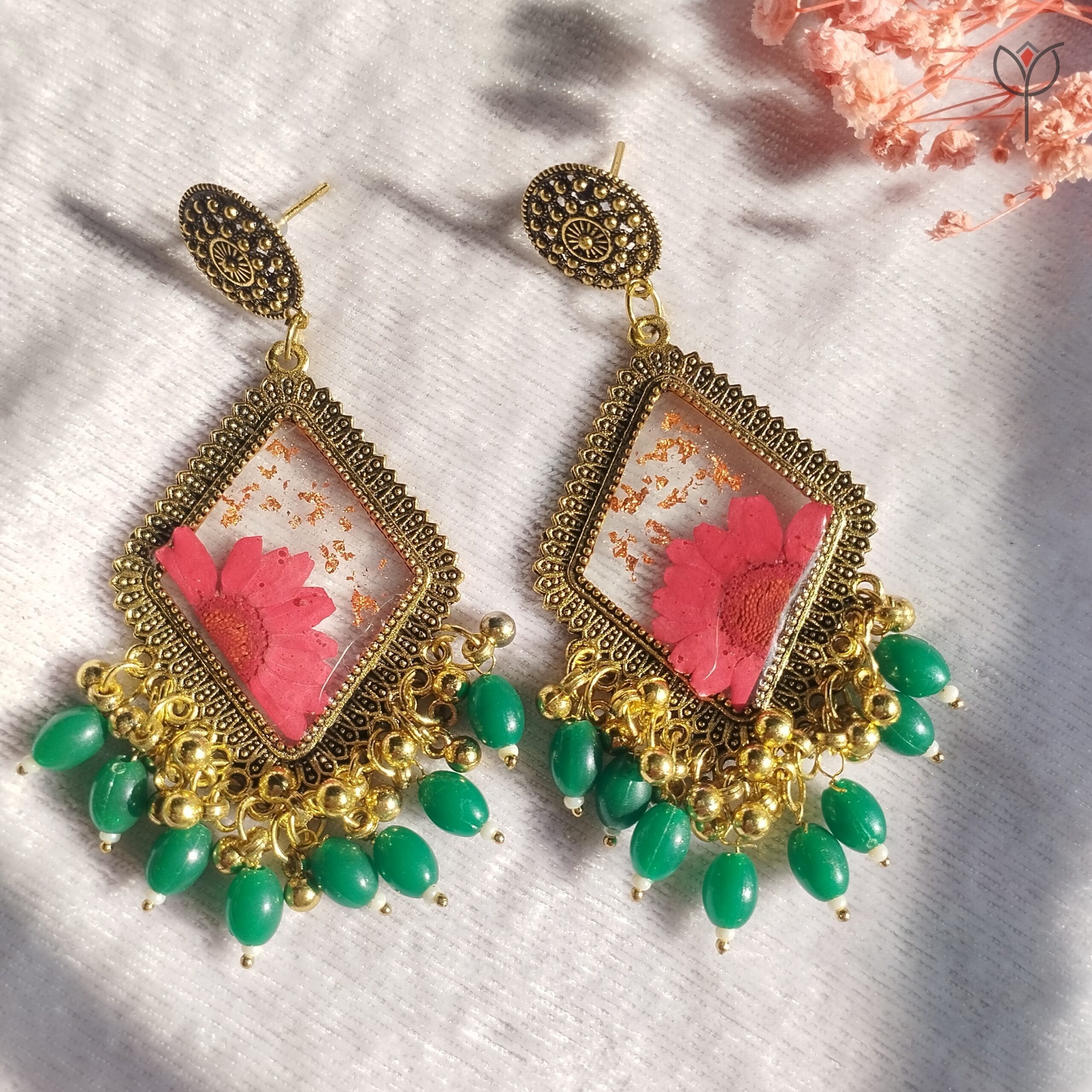 rosy-blush-resin-jhumka-handmade-floral-jewellery Rosy Blush Resin Jhumka with real preserved pink daisy flower