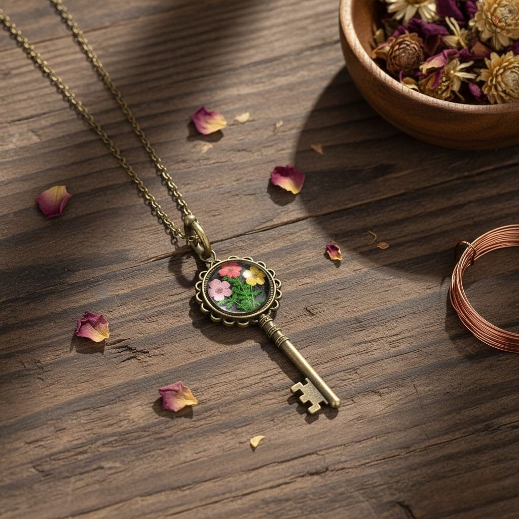 antique-floral-key-necklace Vintage key pendant featuring real plum