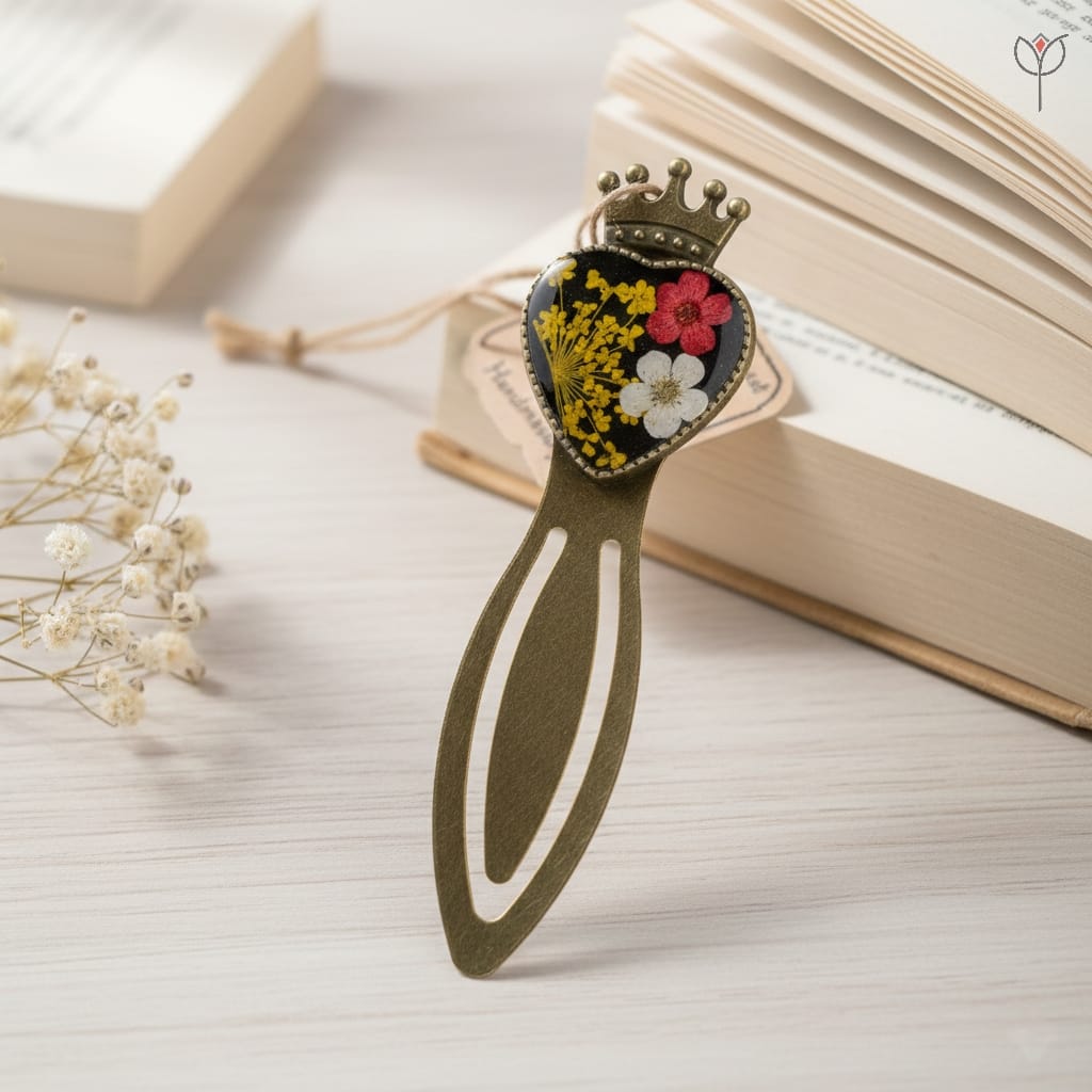 Antique heart-shaped floral bookmark with crown