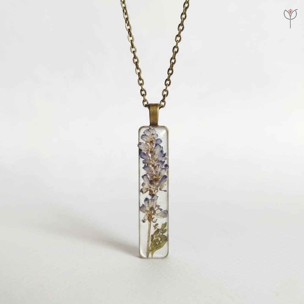 antique-lavender-bar-necklace Antique style resin pendant featuring real dried flower