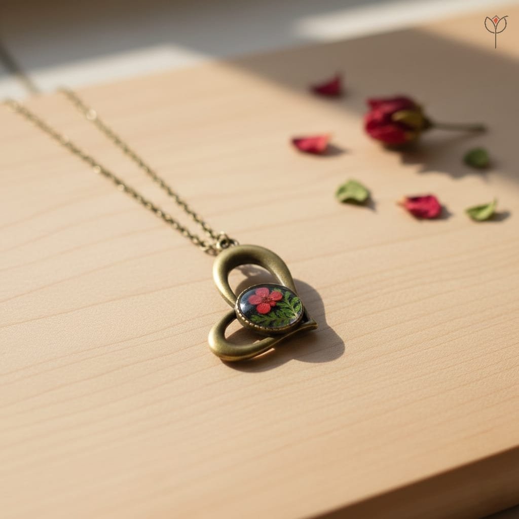 Antique infinity pendant featuring real flower