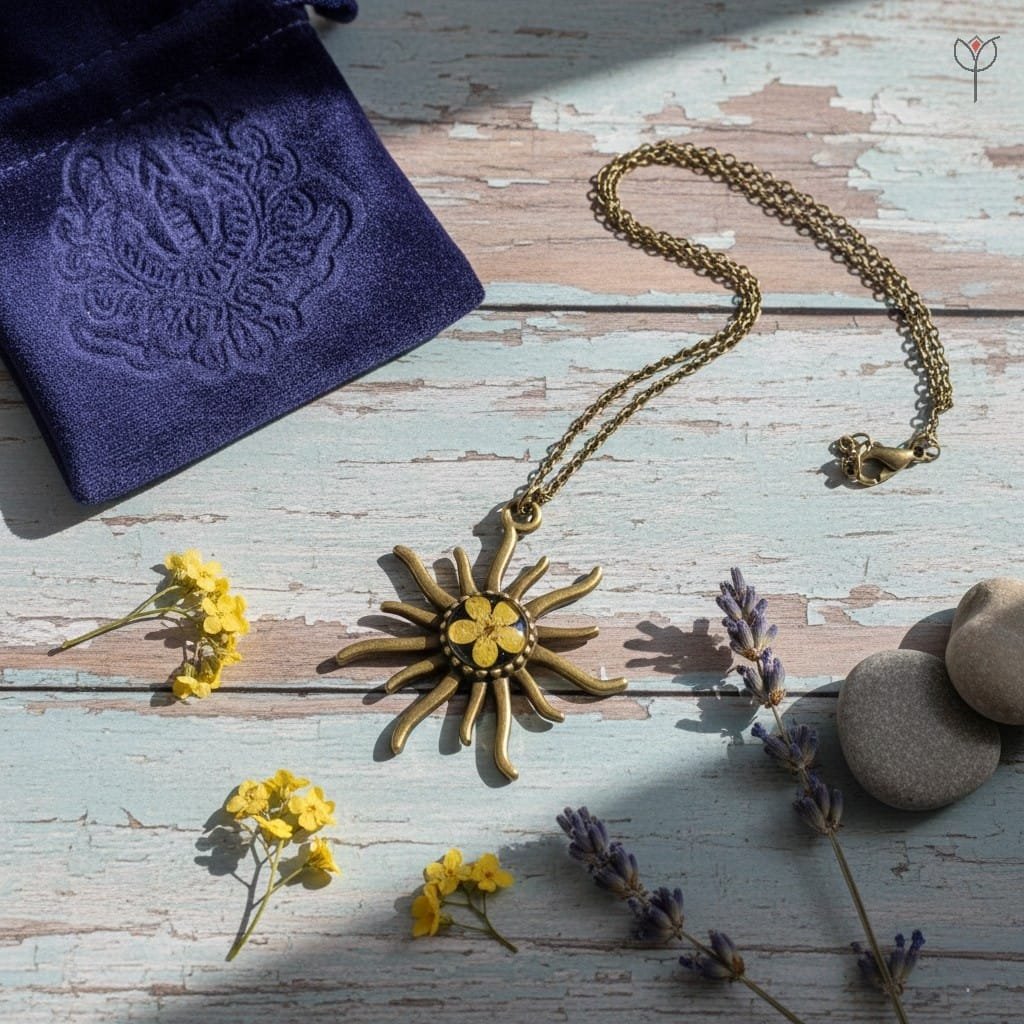 Vintage sunburst pendant featuring real yellow plum