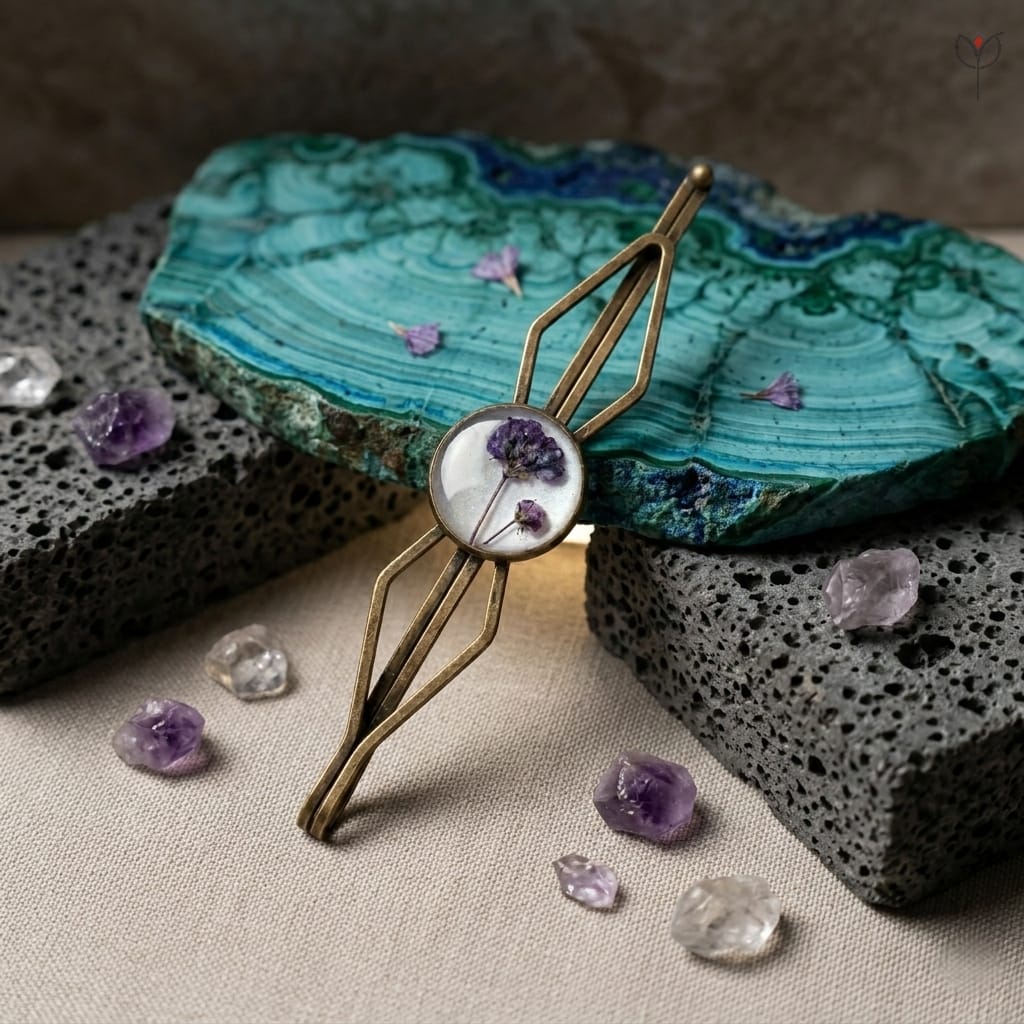 Antique brass hair clip with preserved blooms