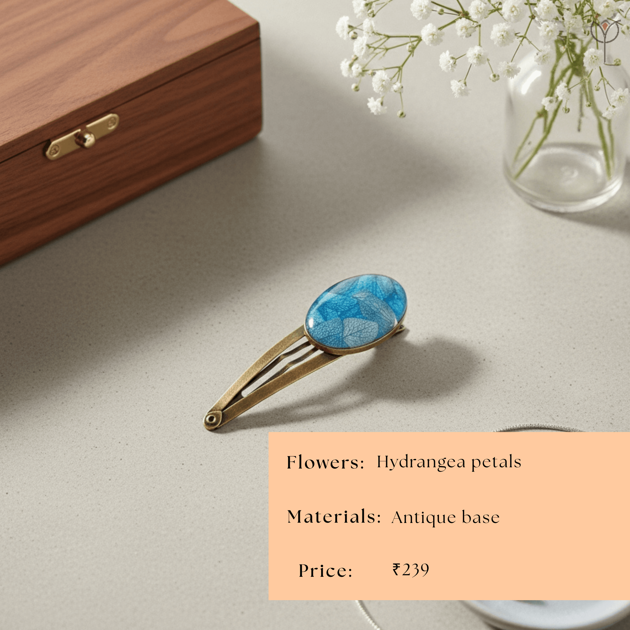 blue-hydrangea-resin-barrette Oval antique hair clip with translucent hydrangea