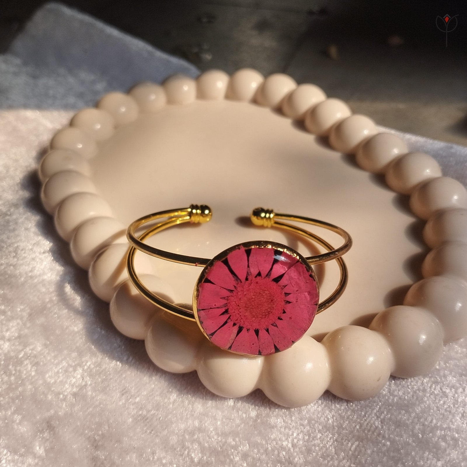 Blush Rosy Resin Bracelet with elegant golden base