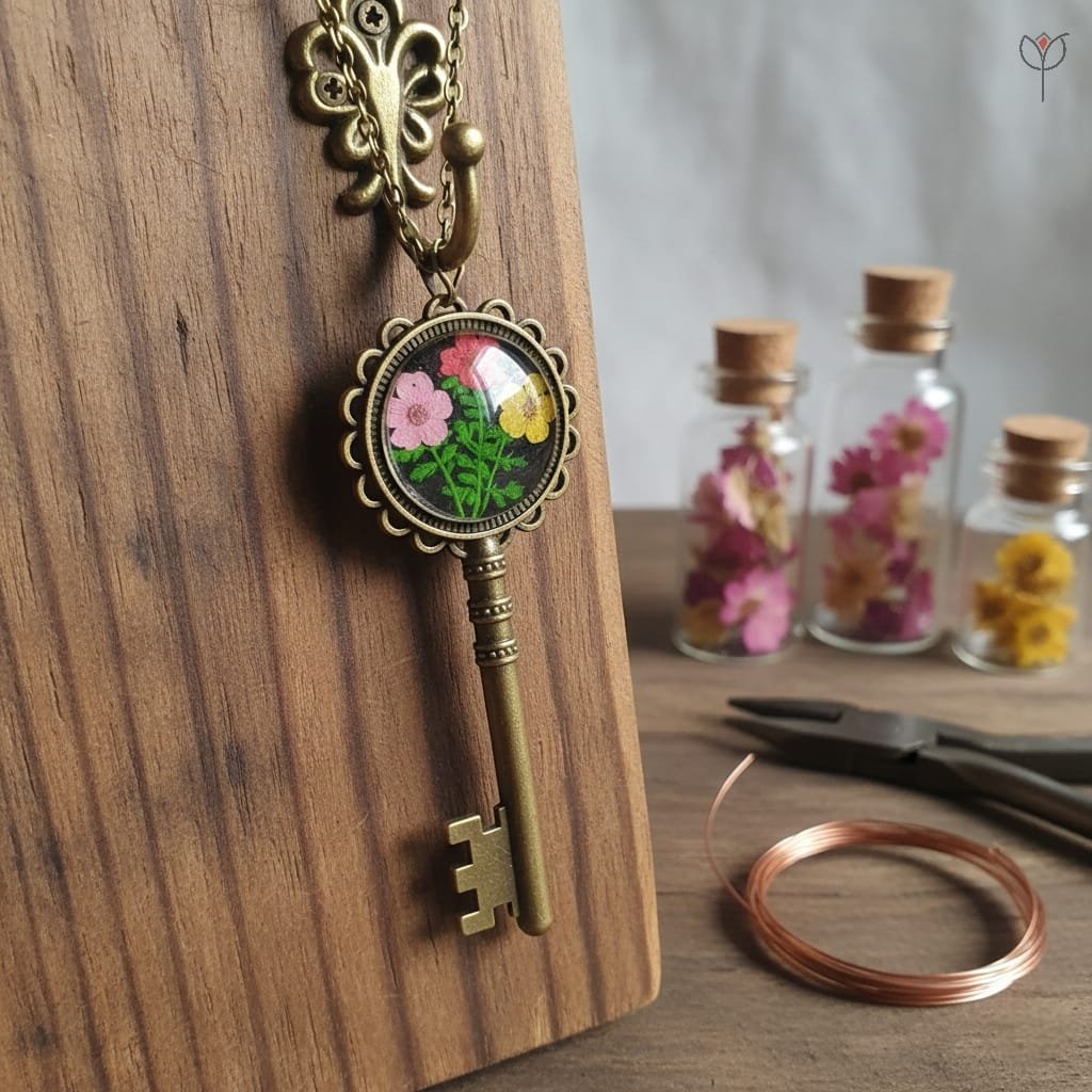 botanical-key-resin-pendant Antique style resin key pendant with colorful dried flowers