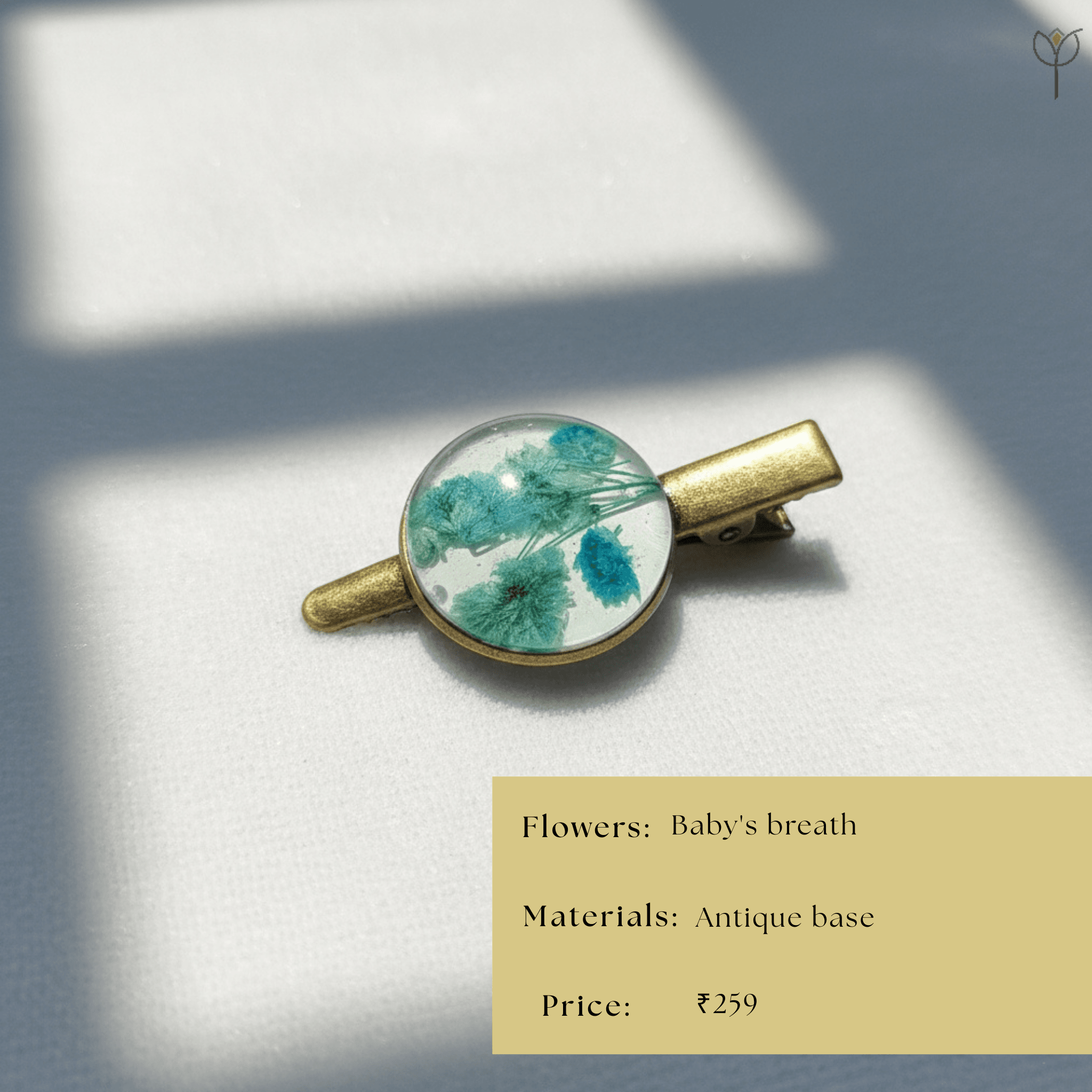 botanical-resin-antique-hair-clip Round antique hair clip with baby’s breath