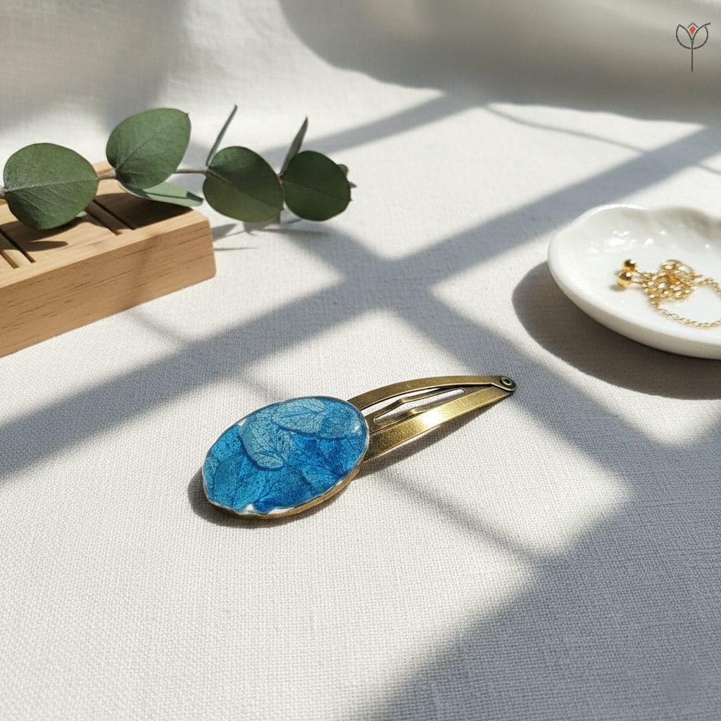 botanical-sky-hair-clip-antique Botanical Sky hair clip with blue hydrangea