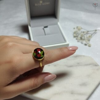 Rose In Dark Ring with real preserved botanicals