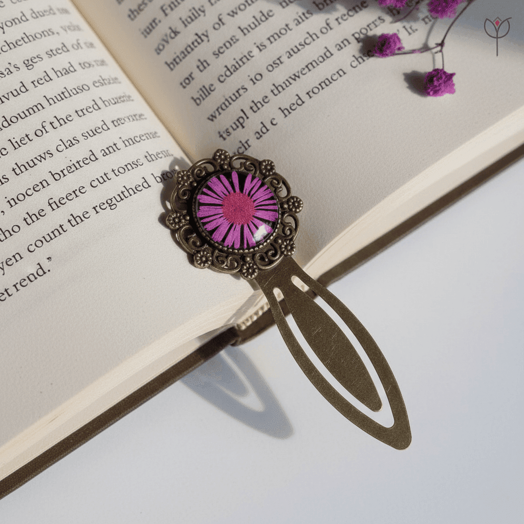 fallen-star-flower-antique-bookmark Pressed pink aster flower bookmark with antique base