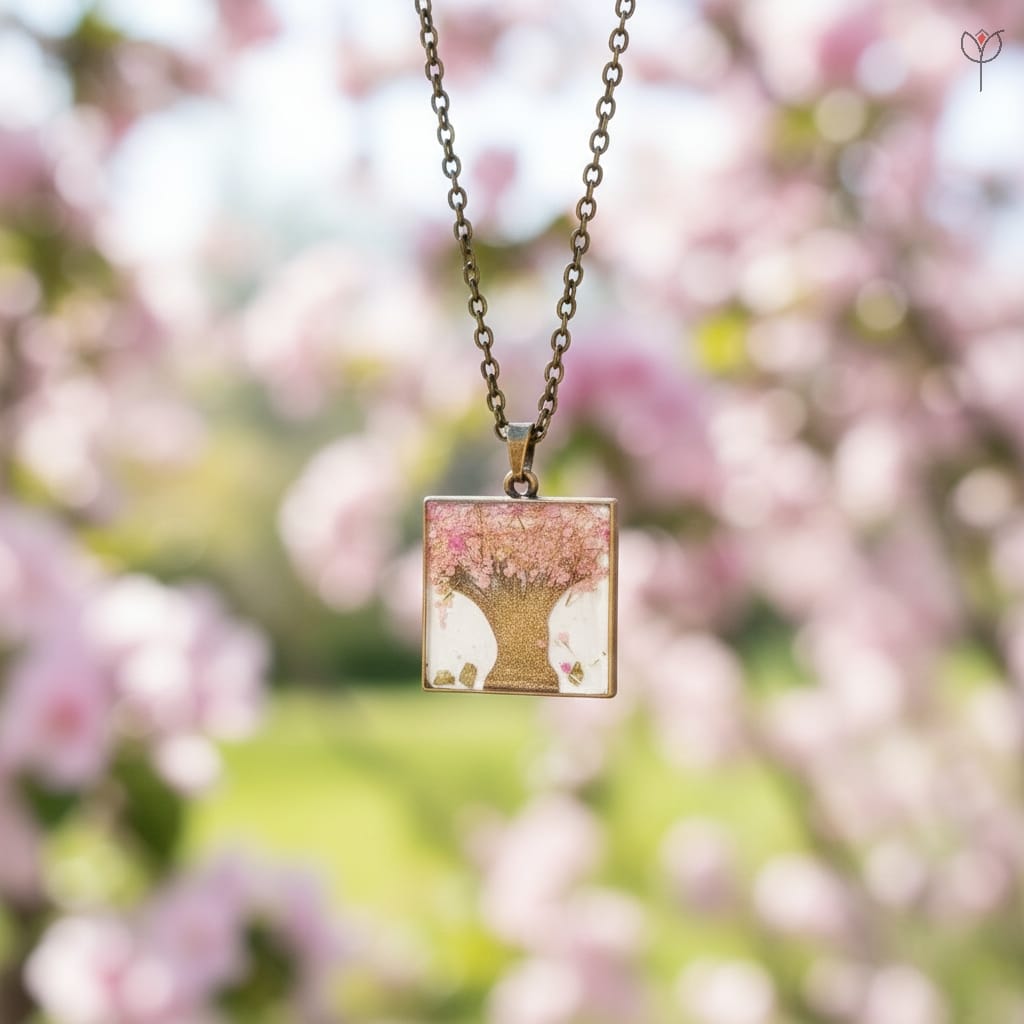 floral-tree-resin-necklace Handmade resin pendant with flower tree