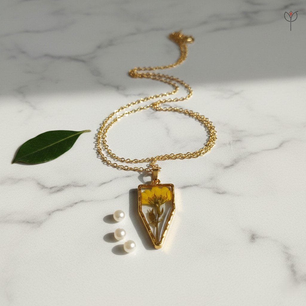 Golden Dawn Pendant featuring preserved yellow daisy