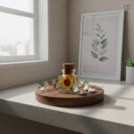 Preserved mini sunflower in mineral oil glass bottle