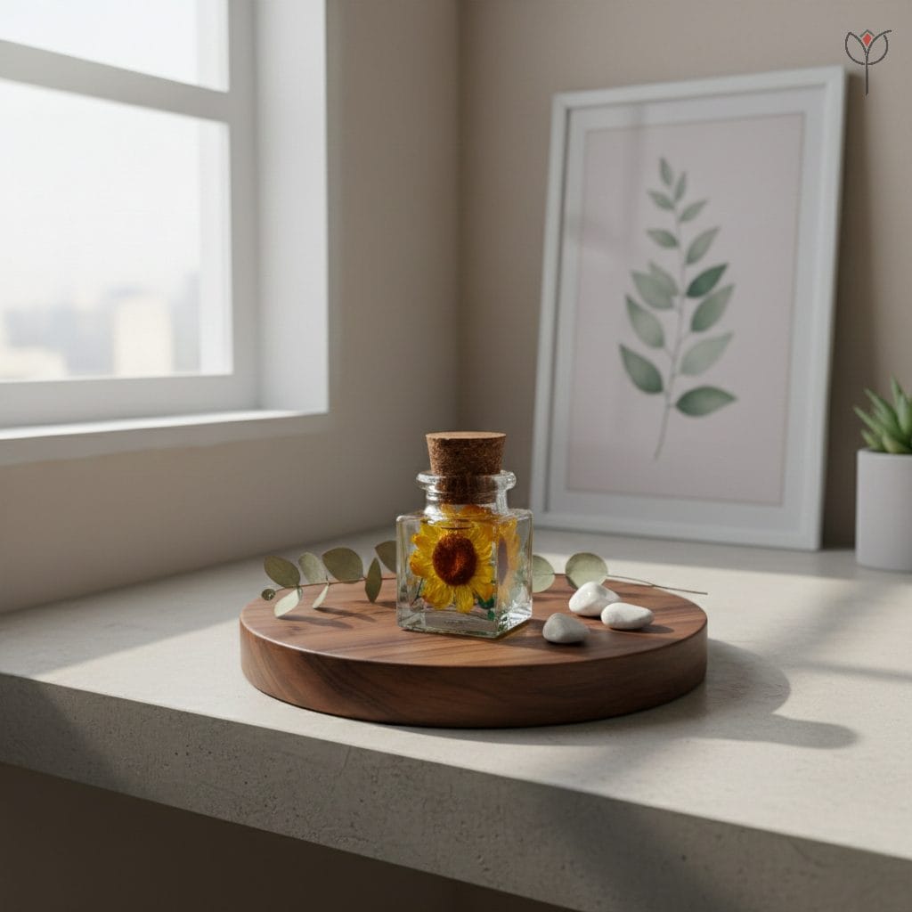 golden-solace-sunflower-glass-garden-home-decor Preserved mini sunflower in mineral oil glass bottle