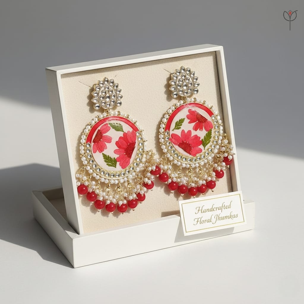 Gulnaar Daisy Kundan jhumka with red florals