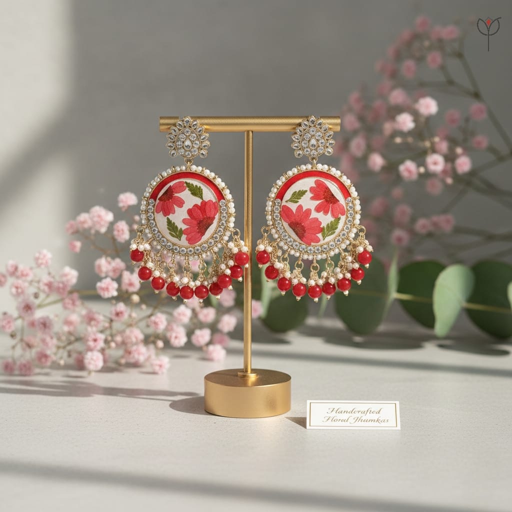 Resin jhumkas with daisy and fern leaf