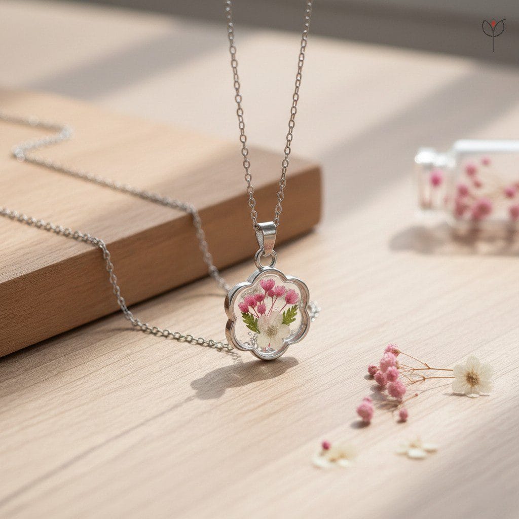 Scalloped silver pendant featuring preserved flower