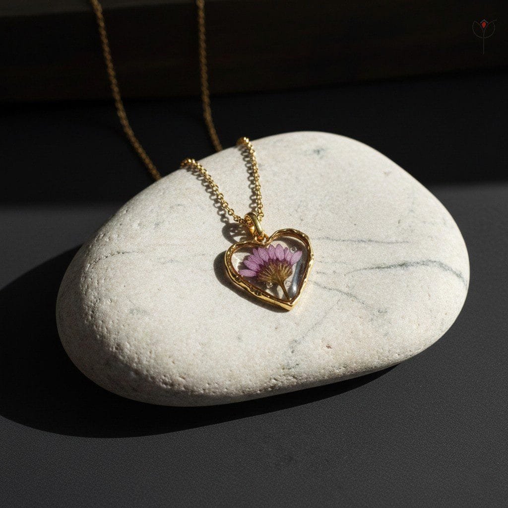 heart-shaped-gold-flower-necklaces Heart-shaped gold pendant featuring real dried daisy