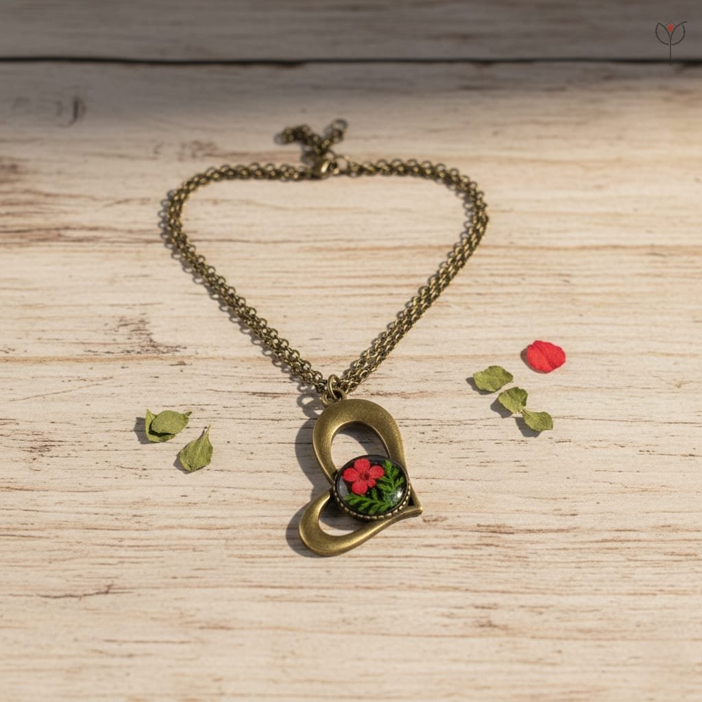 Vintage style resin pendant with fern leaf and red flower