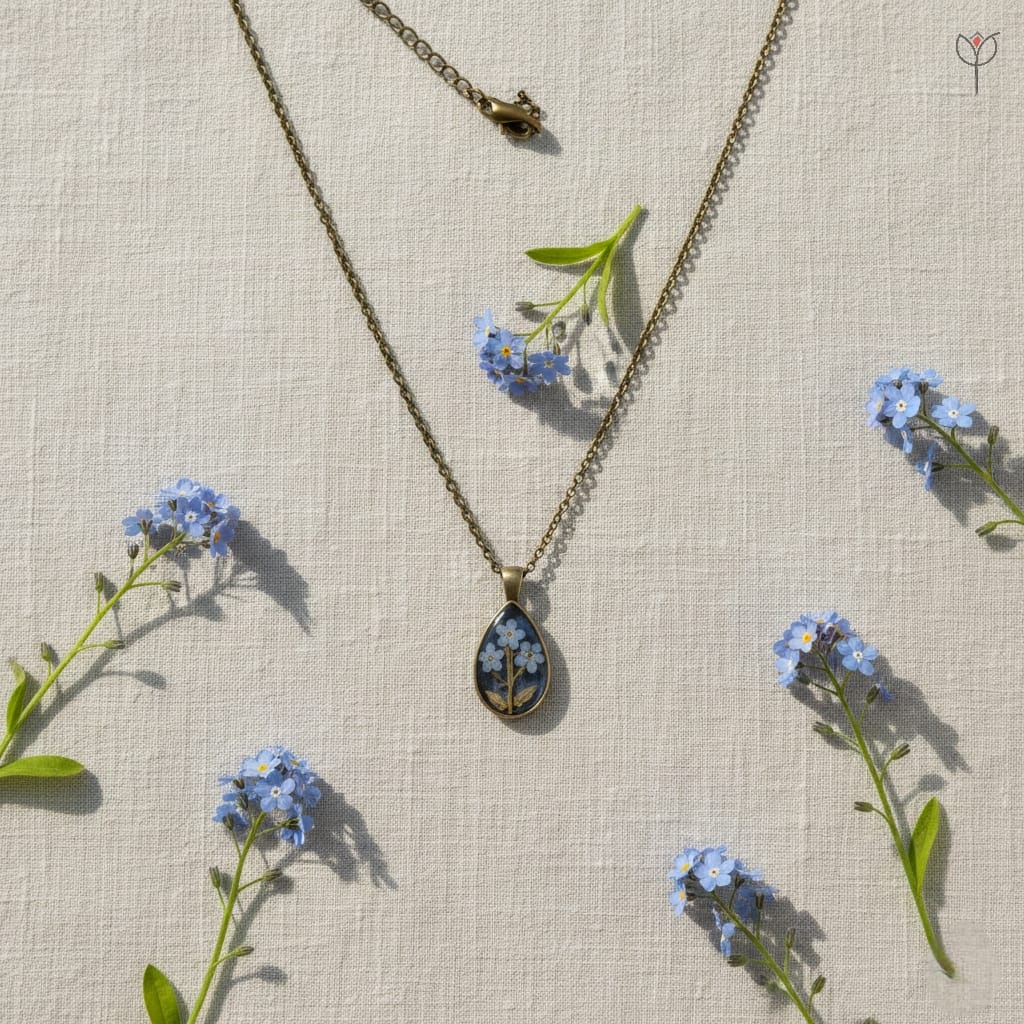 Teardrop resin pendant with blue forget-me-not