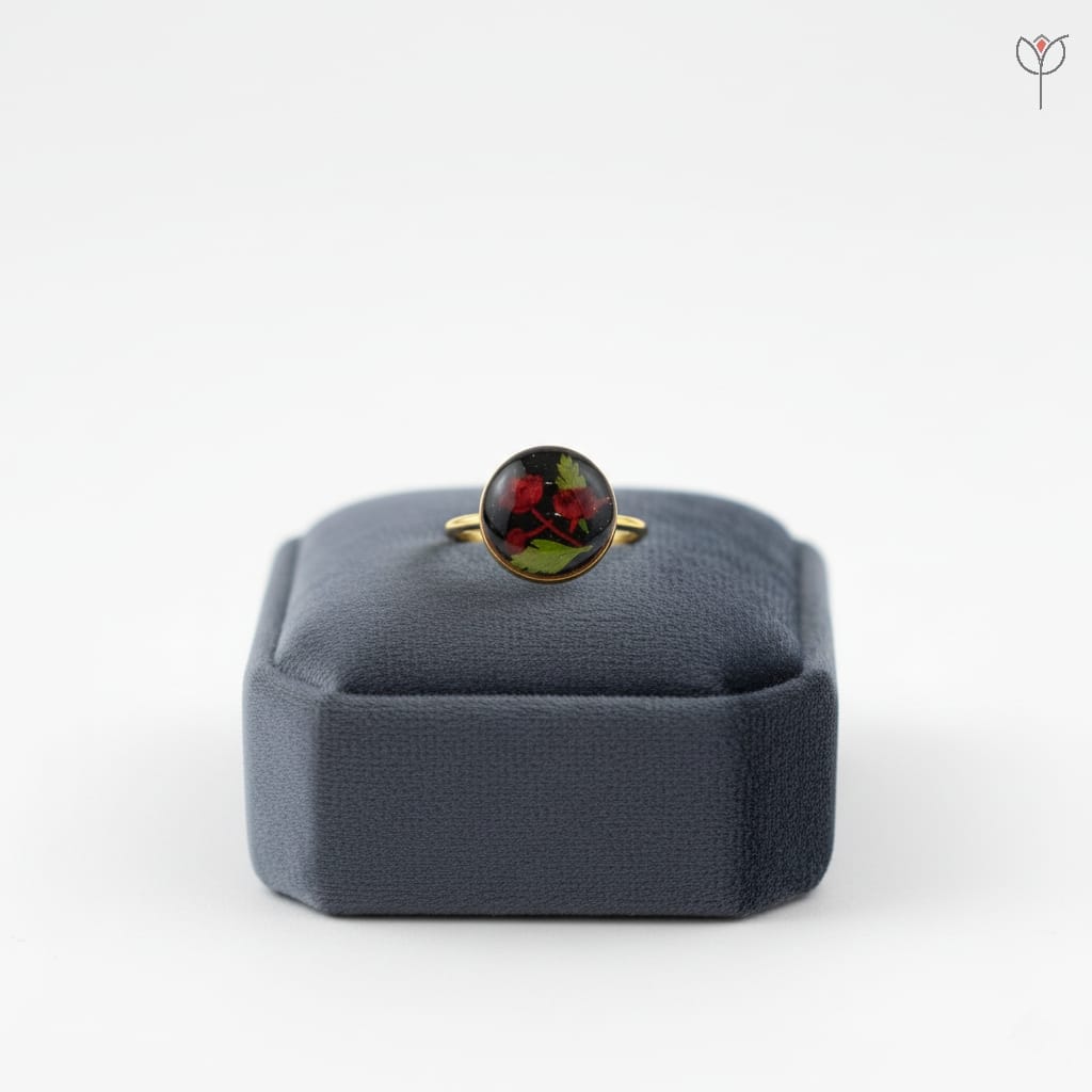 Gold ring featuring red dried flowers and fern
