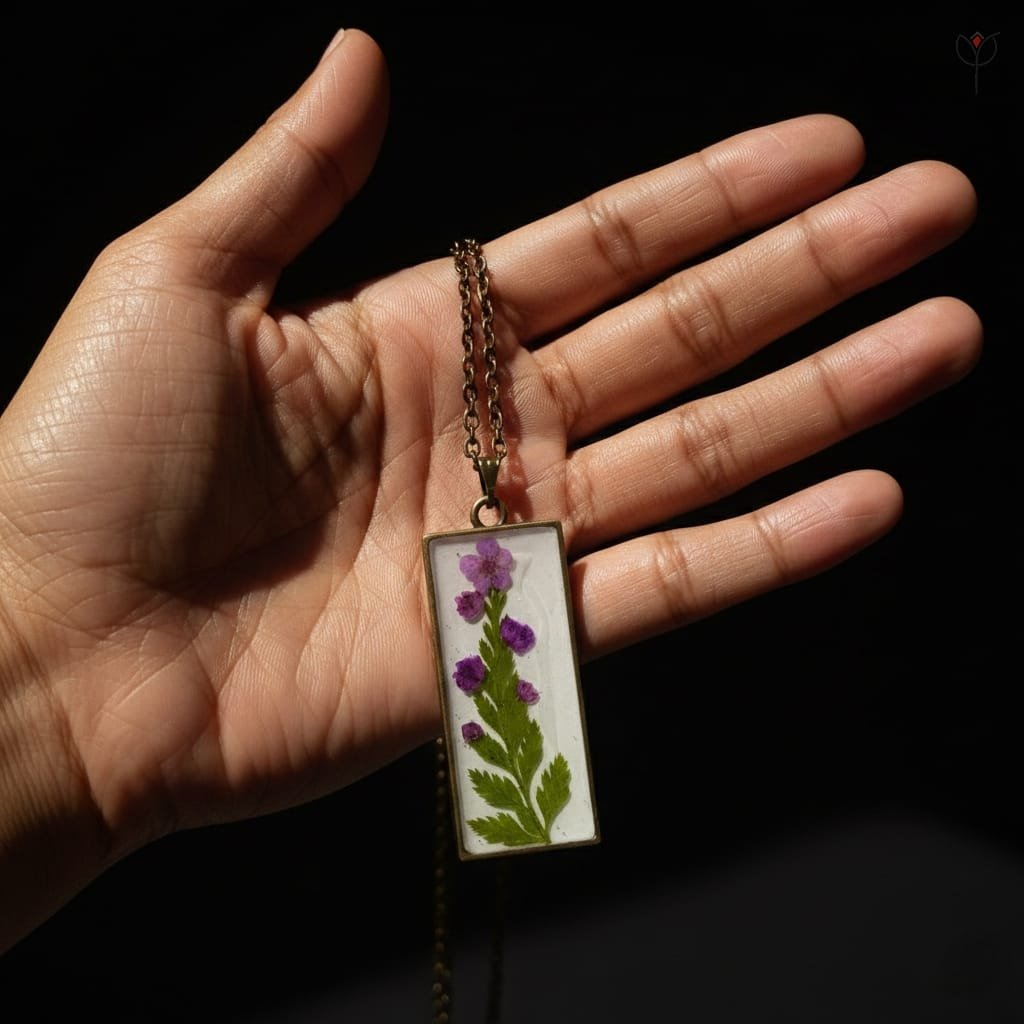 Rectangular botanical pendant with preserved flowers