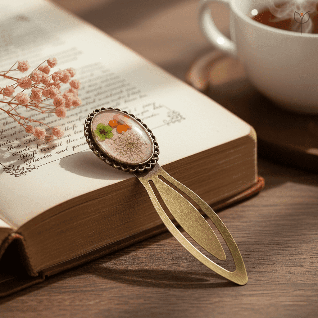 resin-flower-antique-bookmark- Pressed flower resin bookmark with antique finish