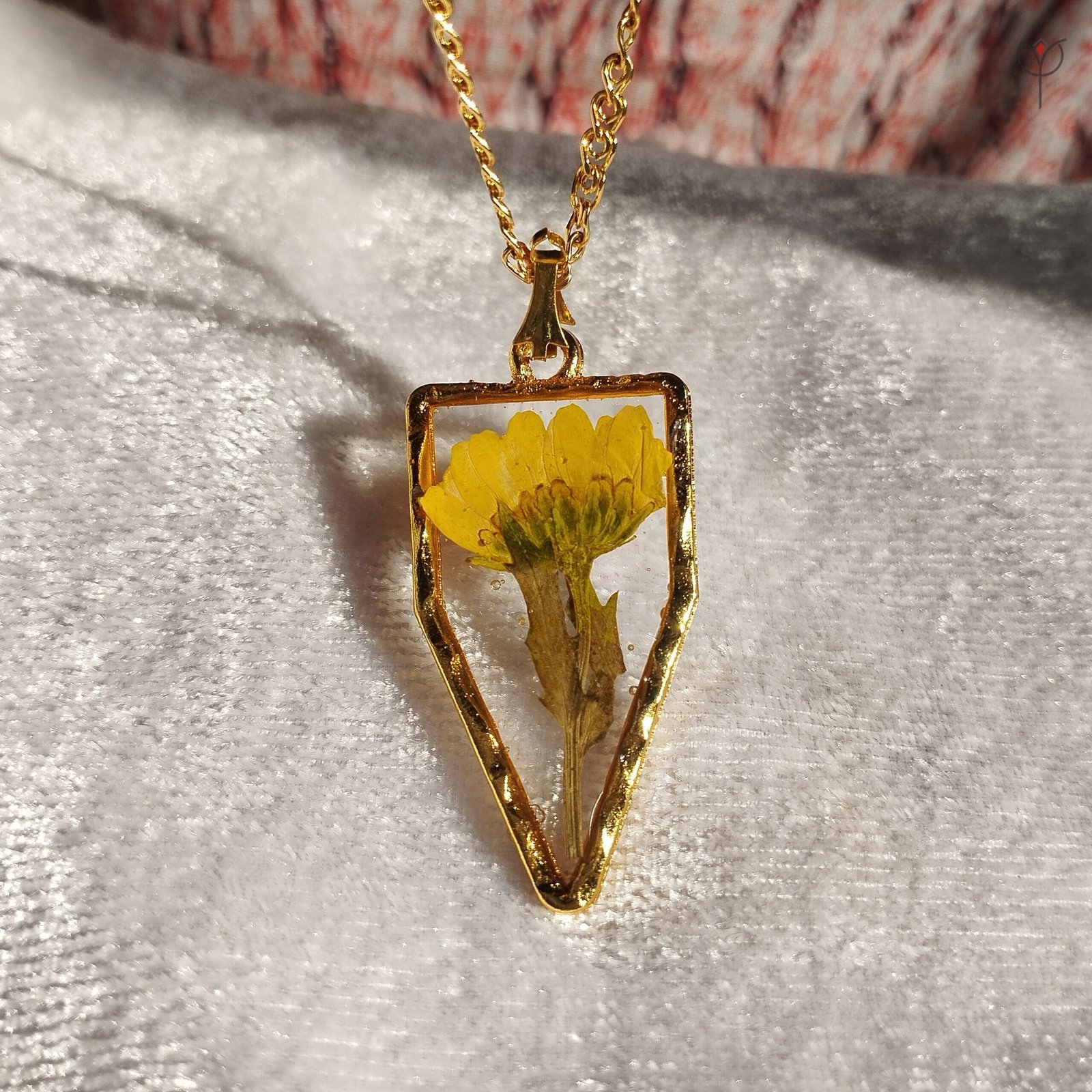Golden Dawn Pendant with pressed yellow daisy
