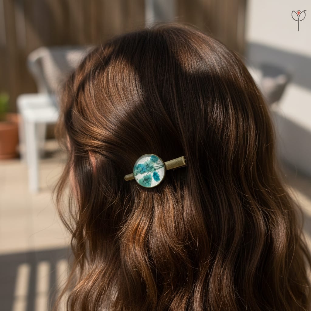 teal-babys-breath-barrette teal baby’s breath in clear resin hair clip