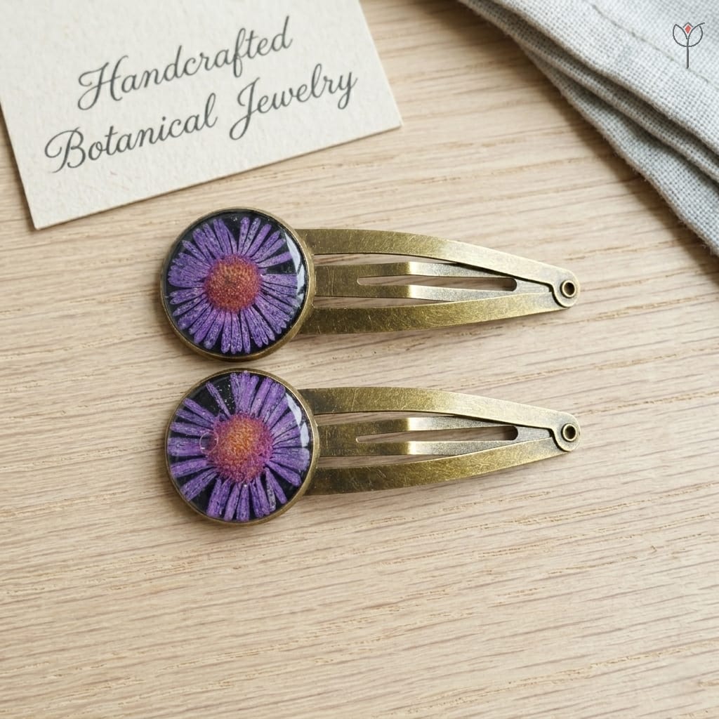 velvet-night-aster-hair-clips Antique base hair clips with real aster blooms