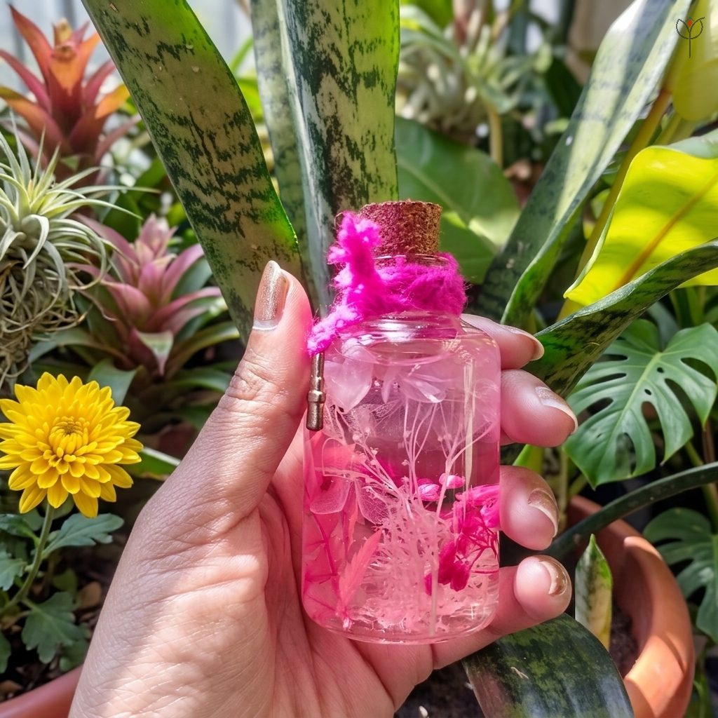 Translucent white hydrangea and pink baby's breath in mineral oil