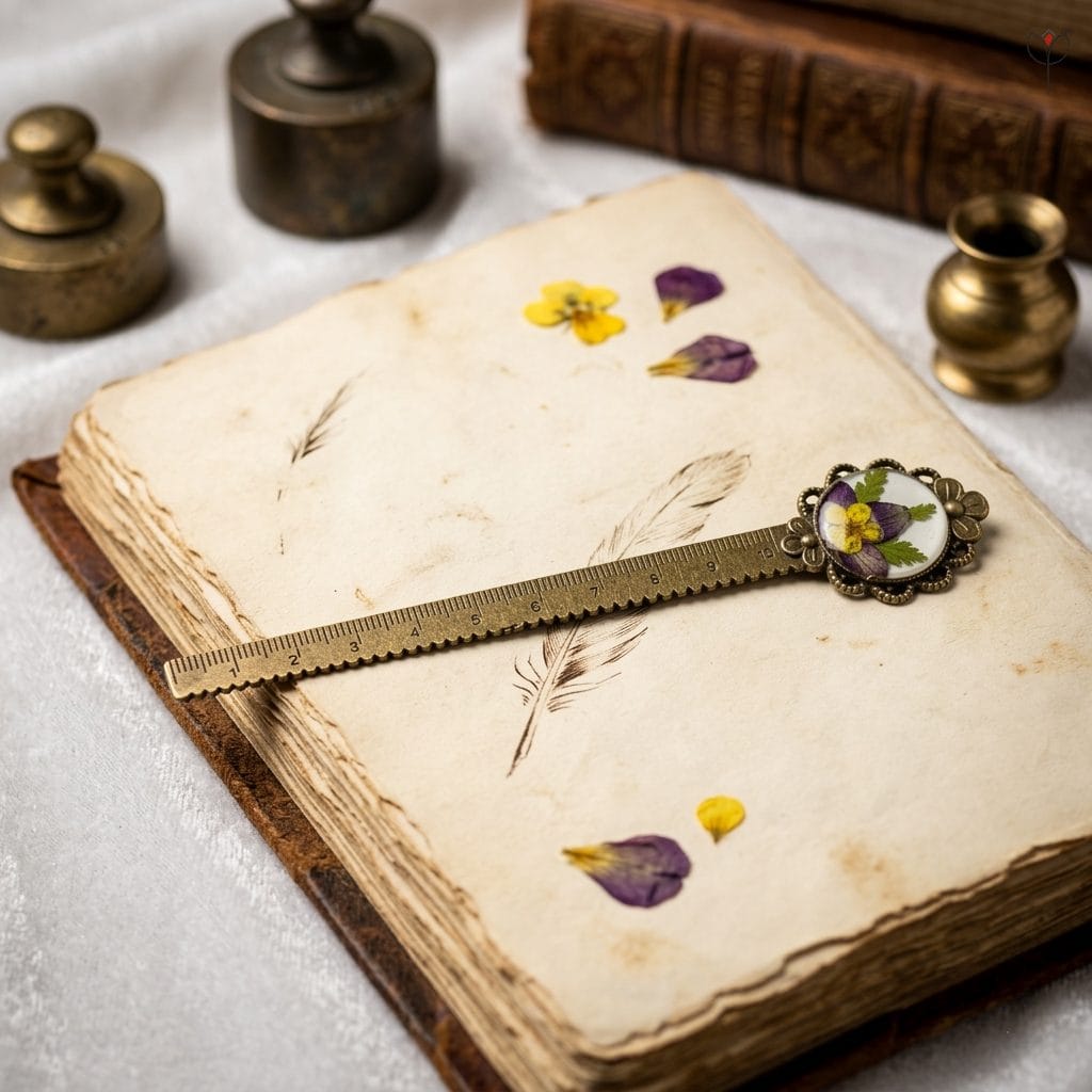 amethyst-bloom-measure-bookmark Amethyst Bloom Measure bookmark with purple hydrangea and yellow plum flower