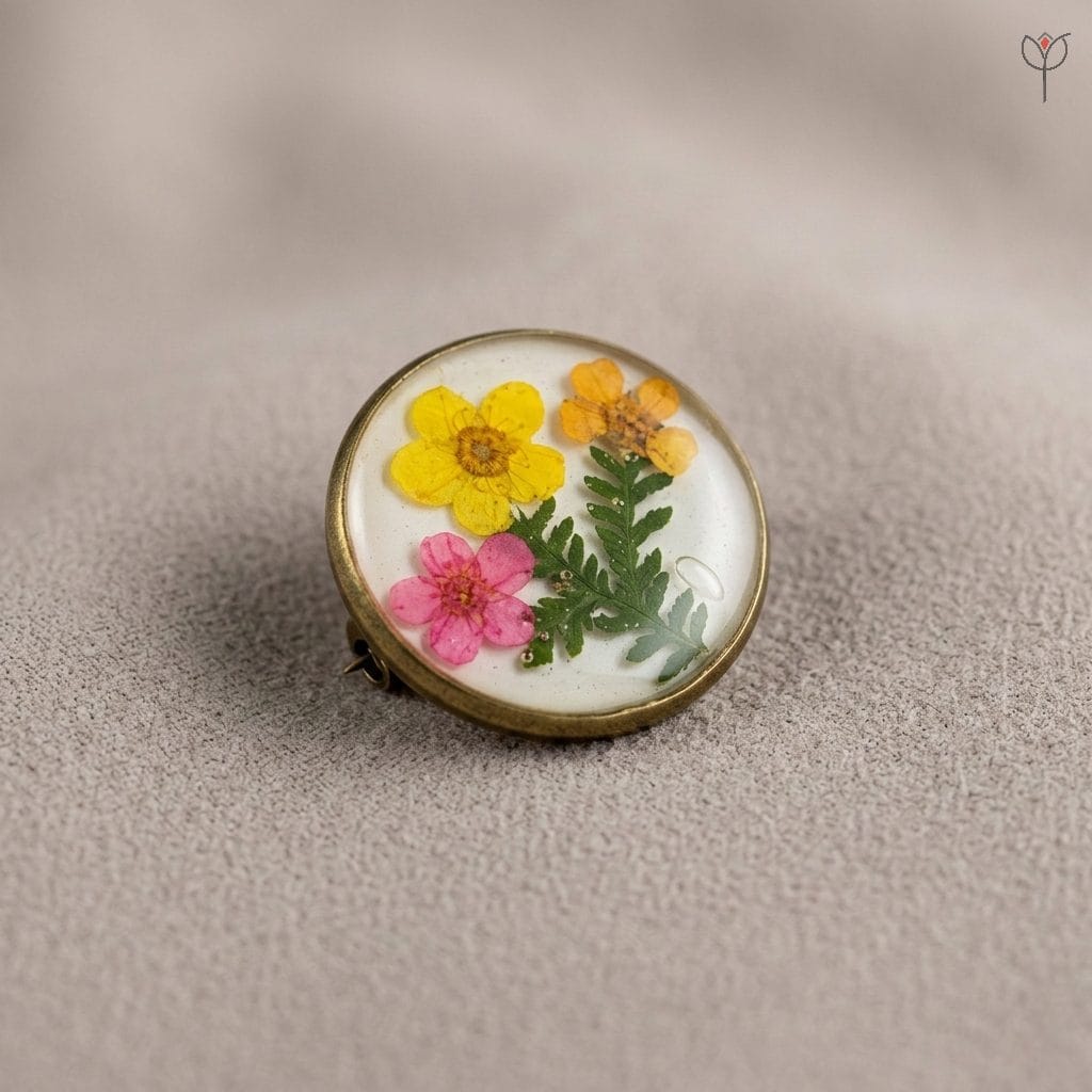 Ancient Meadow Resin Brooch with real fern and plum flowers
