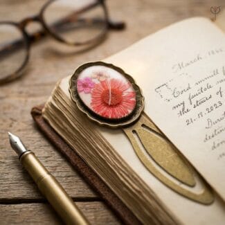 Antique bronze clip bookmark featuring a real red aster flower preserved in resin