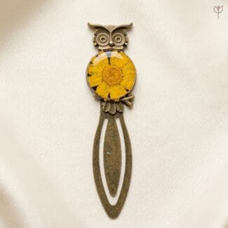 Antique Sage owl bookmark with a real yellow daisy preserved in an antique bronze frame