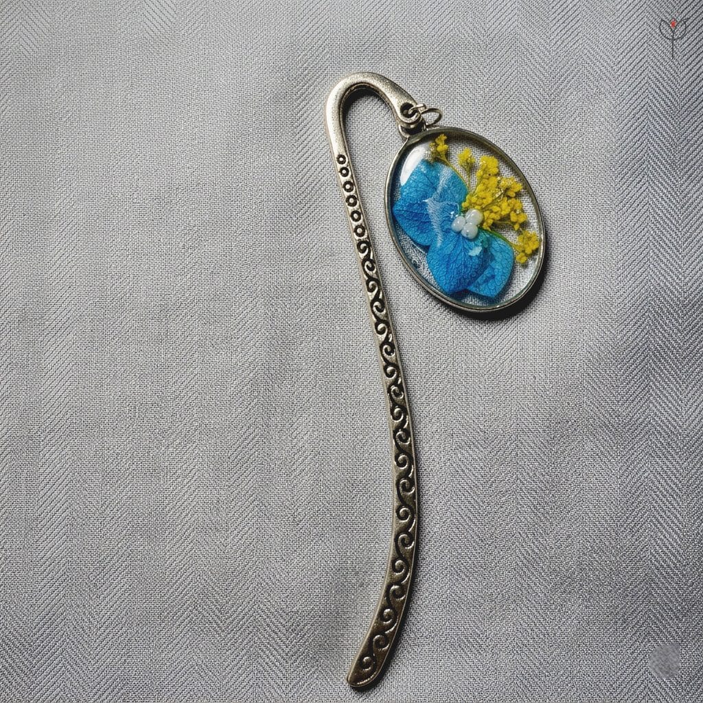 Arctic Starshine bookmark with blue hydrangea and yellow Queen Anne's Lace